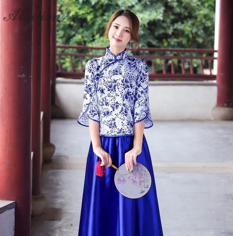 Синий белый Чонсам с цветами Длинные Платья Восточный стиль платье подружки невесты Qi Pao женское китайское традиционное платье