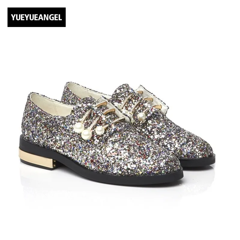 

2018 New Fashion Hot Sequins Block Chunky Heel Pearl Vogue Shoes Woman Round Toe Genuine Leather Blingbling Stage Sapatos Mulher