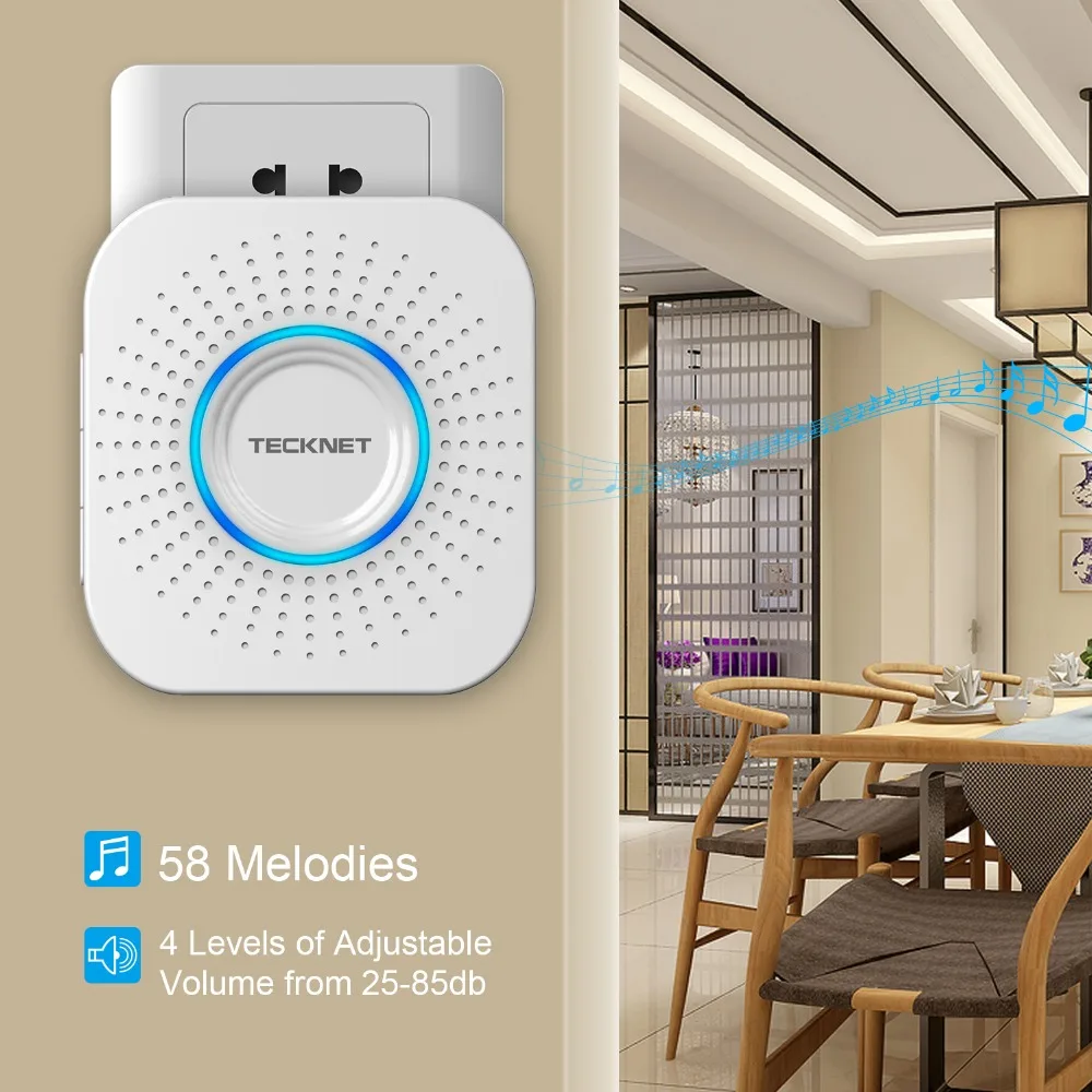 TeckNet Wireless Doorbells Cordless 150M Door Chime Bell Kit IP55 Waterproof with LED Indicator 58 Chimes Melodies EU/UK Plug TeckNet Wireless Doorbells Cordless 150M Door Chime Bell Kit IP55 Waterproof with LED Indicator 58 Chimes Melodies EU/UK Plug