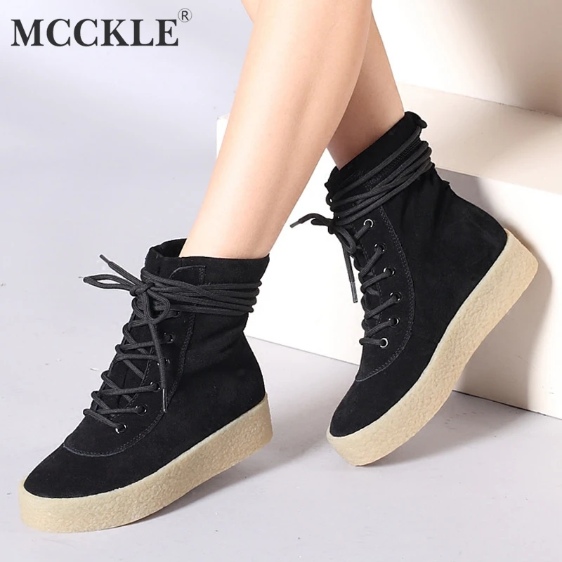 

MCCKLE Women Platform Autumn Ankle Boots Lace Up Short Botas Female Flat With Shoes Nubuck Solid Warm Women Casual Footwear