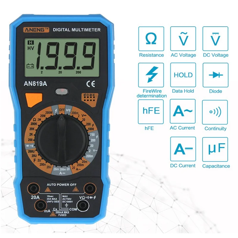 ЖК-дисплей цифровой AN819A мультиметр AC/DC ток тестер Напряжение Амперметр+ крокодил зажим
