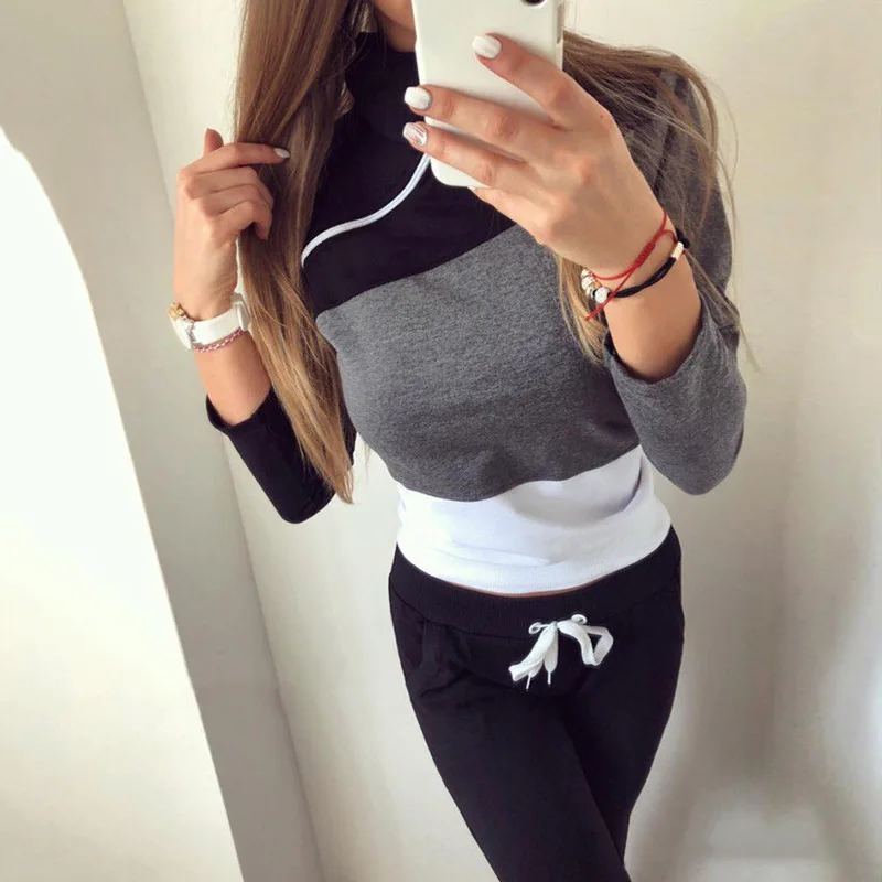 

Fitness Clothing Set Casual Tracksuit Women Two Piece Set Zipper Up Patchwork Sweatshirt and Pants Sweat Suit Sportswear Female