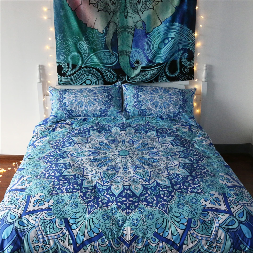 Free shipping 3pcs water blue Boho duvet cover and pillow cases bedding