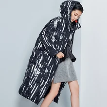 Линетт's Chinoiserie зима Дизайн Для женщин свободно черная полоса с капюшоном 90% Пуховики на белом утином пуху Куртки верхняя одежда