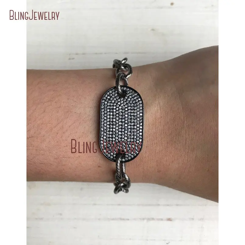 20190226-19946-pave black and white crystal dog tag bracelet with gunmetal chain