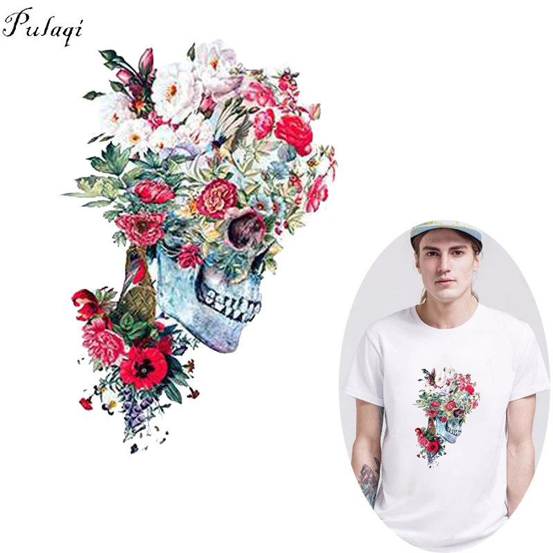 

Pulaqi Fashion Punk Patches Iron On Transfer Printed Mexican Skull Heat Transfer Vinyl For T-shirt Washable Decor Accessories F