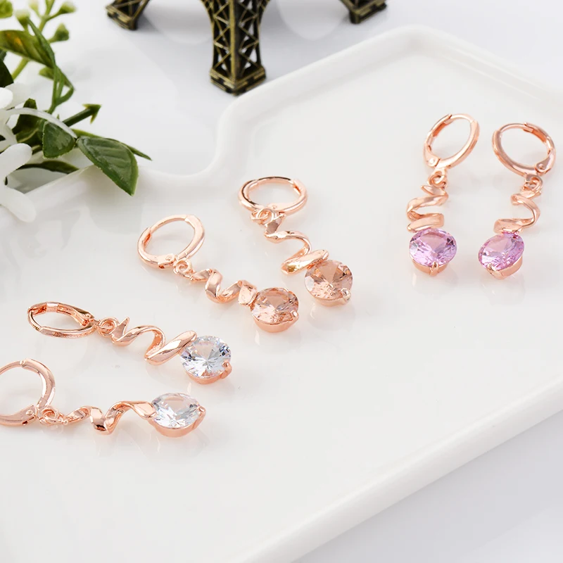 SHUANGR Новые Модные Позолоченные GF Спиральные серьги 8 видов цветов круглой огранки кубического циркония CZ Висячие серьги ювелирные изделия
