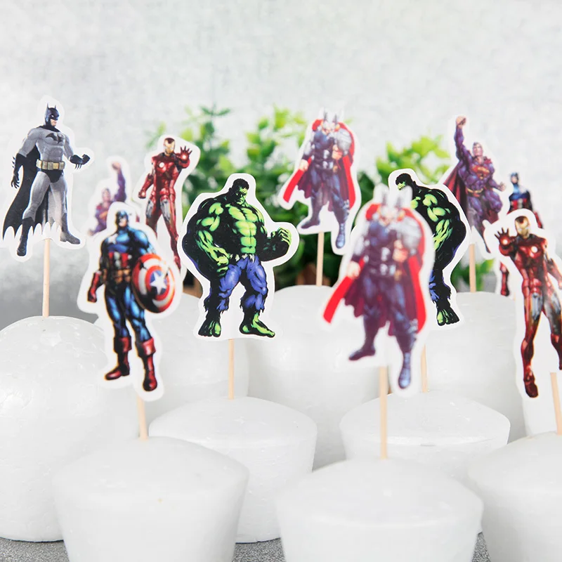 

24pcs/lot The Avengers Theme Cupcake Cake Toppers Picks Superman Batman Iron Man Kids Birthday Party Decorations Supplies