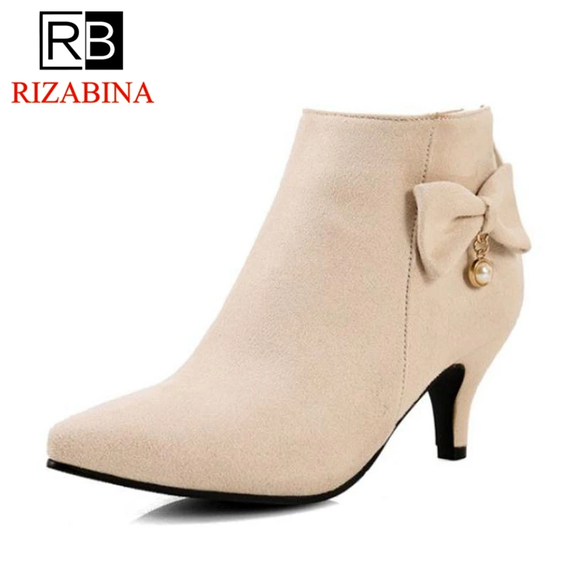 

RIZABINA Pointed Toe Thin Heel Women Ankle Boots Bowtie Short Boots Shoes Zipper High Heel Boots Shoes Women Plus Size 33-48