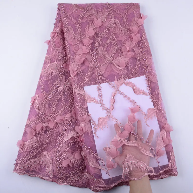 

African Lace Fabric 2019 High Quality 3D Lace Onion Color French Tulle Lace Fabrics With Beaded For African Parties Y1446