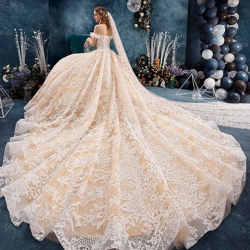Роскошное свадебное платье цвета шампанского размера плюс свадебные платья принцессы Дубая Кружевная аппликация с открытыми плечами Свадебные платья Vestidos De Novia
