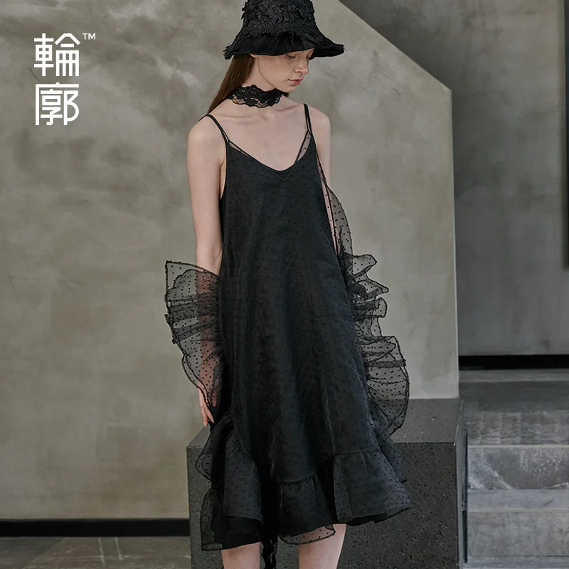 

Outline 2019 Original Design Summer Black Trend Perspective Long Fashion Ruffles Slip Dress Women Sexy Dresses L191Y025