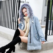 Новинка, теплая зимняя Осенняя Женская куртка-бомбер, джинсовое пальто с капюшоном, джинсовые куртки, Плотная хлопковая длинная Базовая верхняя ветровка, большая