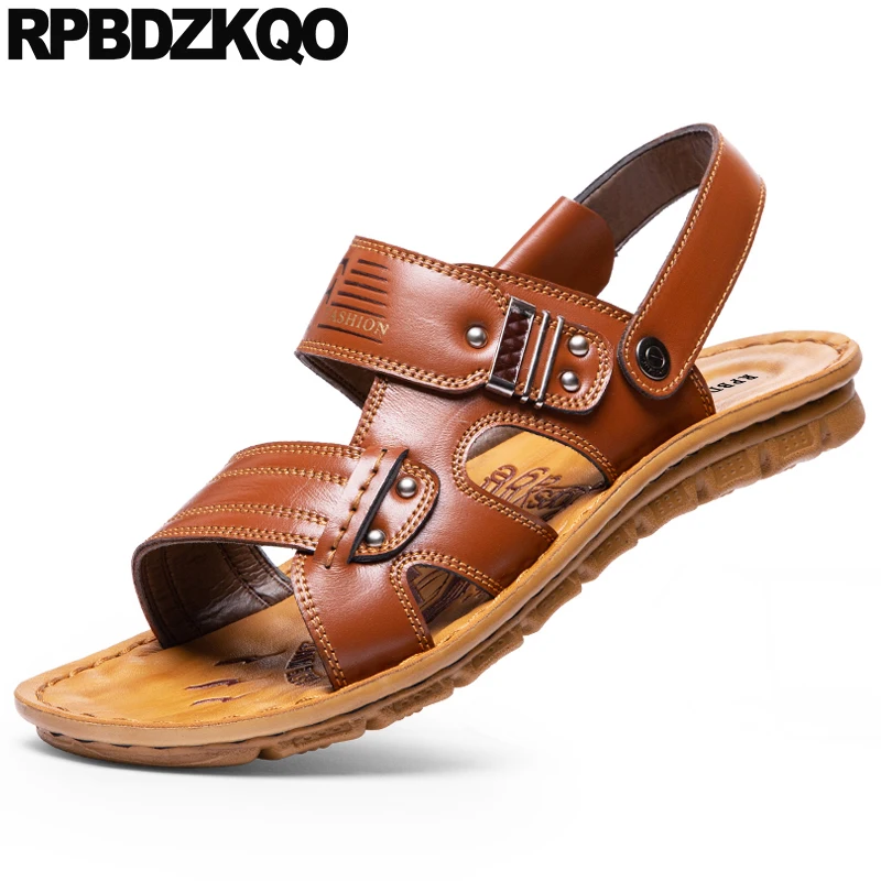 

beach famous brand 2019 size 46 casual shoes plus water 47 slippers outdoor large men sandals leather summer flat brown slides