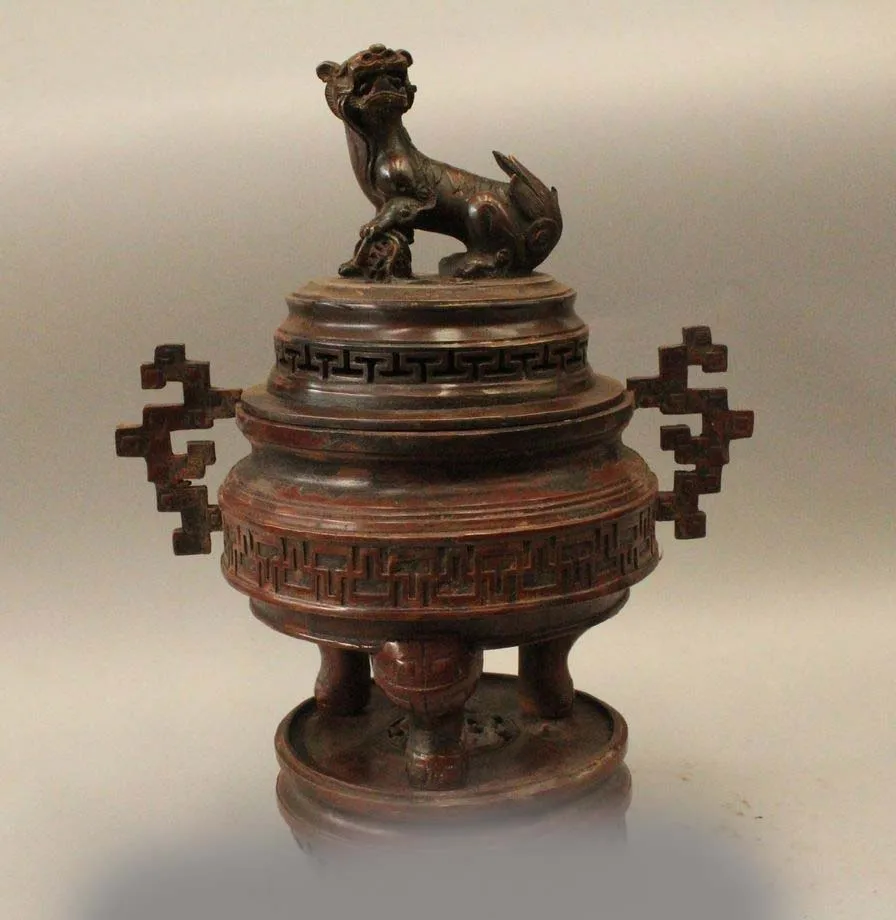 

13" China Dyansty Palace Bronze 3 Foot Lion Foo Dog Round Incense Burner Censer