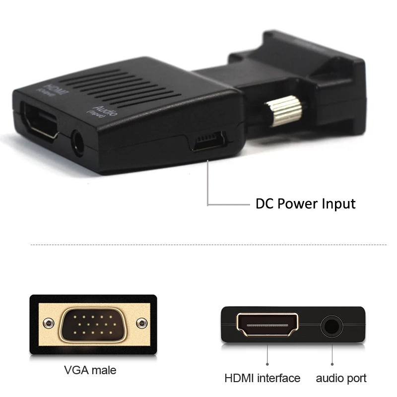 Male VGA to Female HDMI Video Converter Adapter Up to Full HD 1080P with 3.5mm L / R Audio Input for PC TV Projector