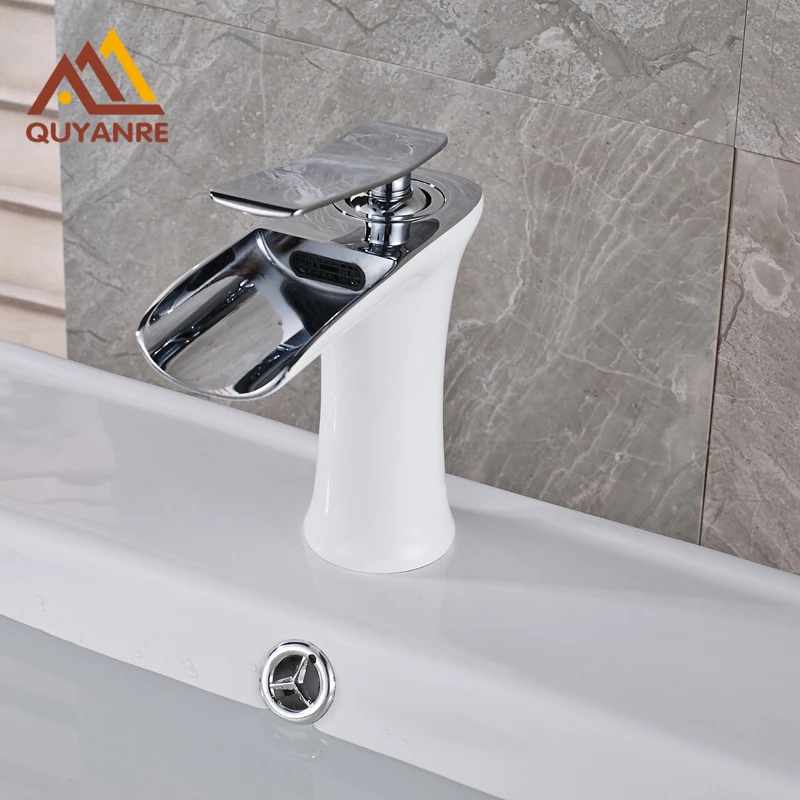 

Chrome and White Color Deck Mounted Bathroom Sink Faucet Waterfall Spout Single Handle One Hole Faucet Free Shipping
