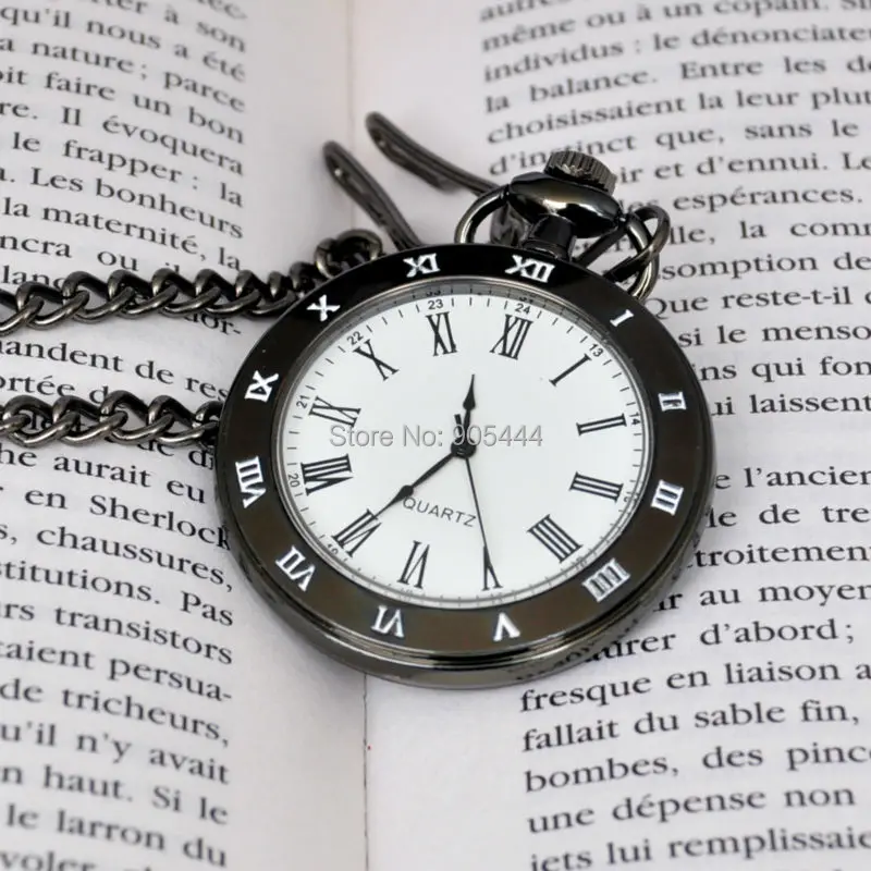 

For Mens Black Stainless Steel Watch Open Face White Dial Analog Quartz Pocket Watch