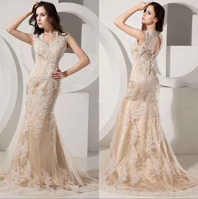 Champagne Lace Mermaid Modest Wedding Dresses 2017 Cap Sleeves Champagne Lace Mermaid Modest Wedding Dresses 2017 Cap Sleeves Beaded Vintage Country Gowns Vestidos De