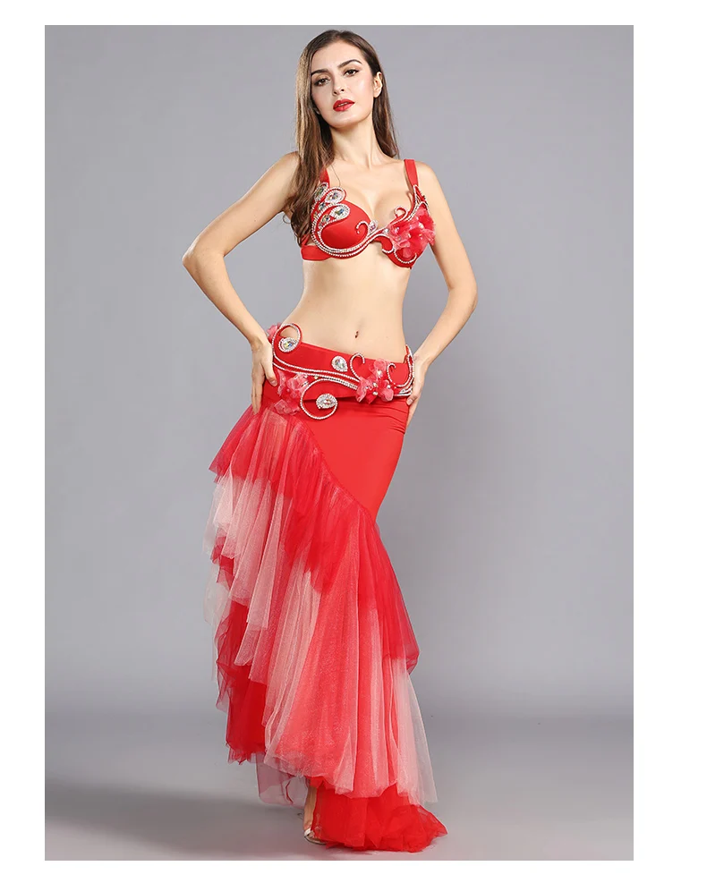 Костюм для танца живота Профессиональный Bellydance платье одежда блестящие стразы сетка торт представление костюм одежда 119085: бюстгальтер и пояс и юбка