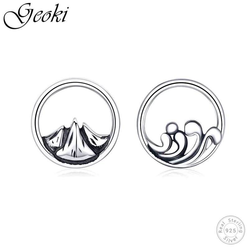 

Geoki 925 Sterling Silver Handmade Mountain Sea Round Stud Earrings Korean S925 Seawater Hill Earrings for Women Vintage Jewelry