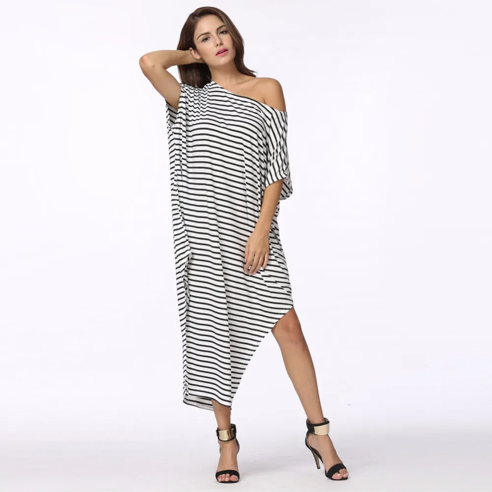 

2019 Women Summer Dress Long Maxi Loose Dress Striped Batwing Sleeve Off-shoulder Split Casual Beach Wear Plus Size Vestidos
