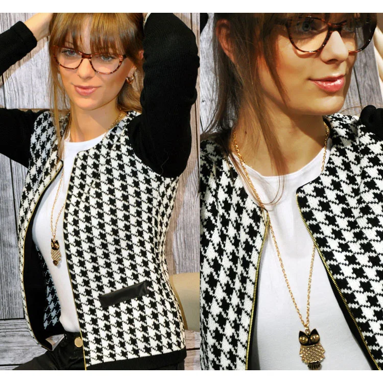 

Basic Jackets Black And White Grid Female Jacket Elgant Houndstooth Slim Jacket Clothes