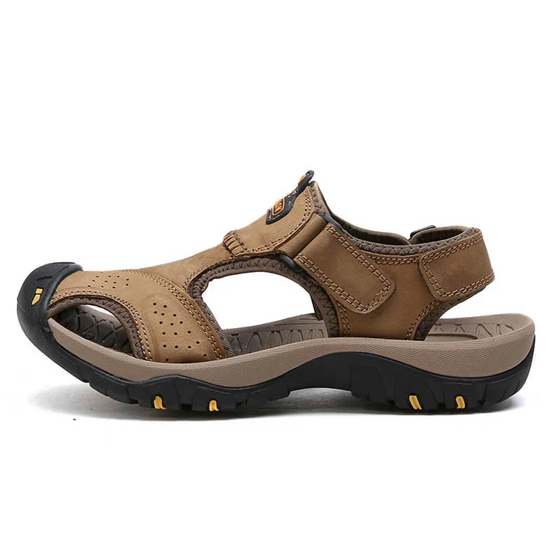 Марка vesonal натуральная кожа летние мягкие мужские сандалии обувь для мужчин дышащий светильник пляжные повседневные качественные прогулочные сандалии - Цвет: Khaki
