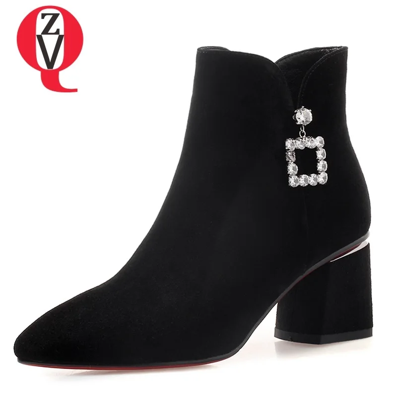 

ZVQ winter new popular cow suede pointed toe high square heel zip women shoes crystal decoration outside comfortable ankle boots