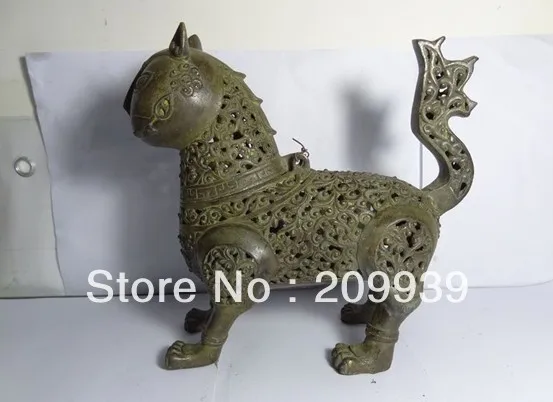

00764 8" China Bronze Sculpture Wealth Flower Cat Head Statue Incense Burner Censer