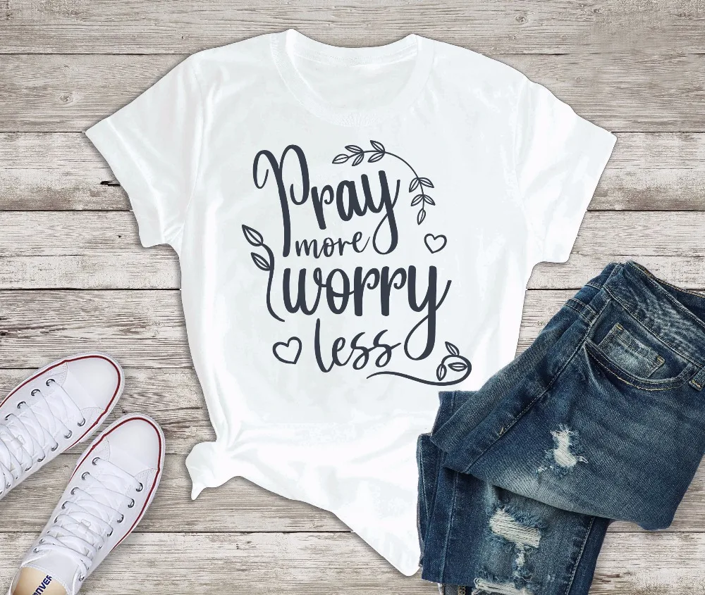 Хлопковая футболка для женщин Pray More Worry с надписью Inspiration и moly забавная