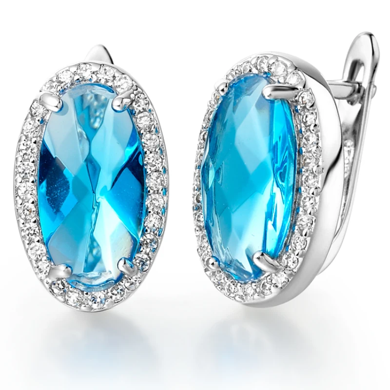 Baby Blue Zircon Crystal 925 Sterling Silver Wedding Jewelry Oval Ear Stud Earrings For Women