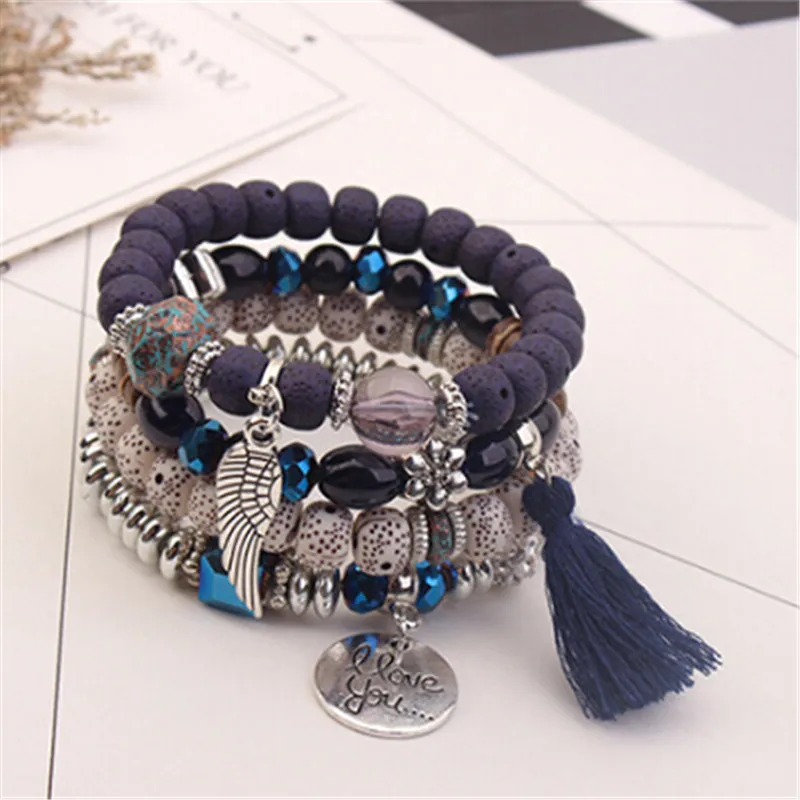 

4pcs/set Fashion High Quality Boho Bracelets & Bangles Women Beaded Bracelet With Colorful Gem Long Wrap Bracelet for Women