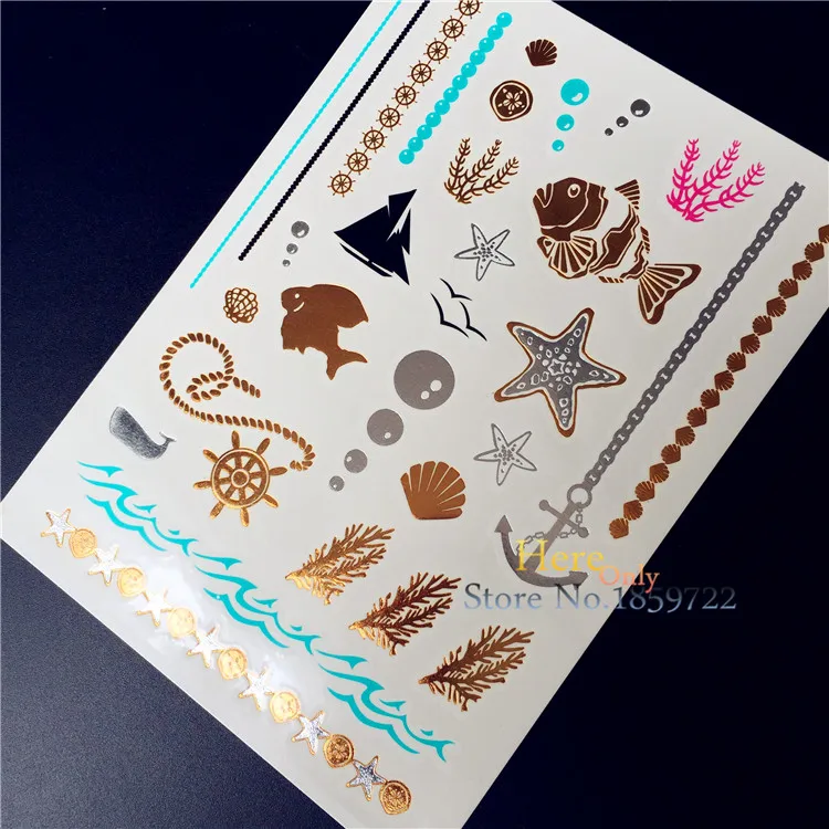

1PC Fashion Flash Metallic Tattoo Sticker HJ-53 Gold Silver Ship Starfish Seaweed Anchor Shell Chain Waterproof Temporary Tattoo