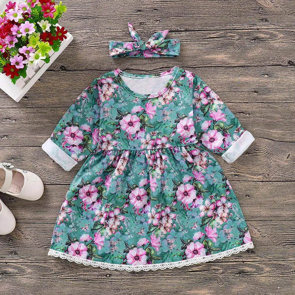 

Toddler Kid Baby Girls Princess Floral Dress Hair Band Cotton Clothes Dress Sets