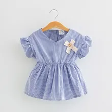 Милые хлопковые топы для девочек, одежда Новинка года, летняя Модная стильная детская рубашка в полоску с короткими расклешенными рукавами детские блузки, одежда