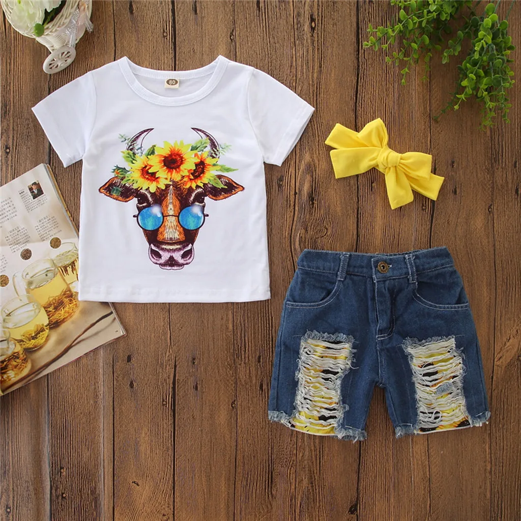 Комплекты одежды для маленьких девочек Футболка с принтом подсолнуха + джинсовые шорты, vetement enfant fille, детская одежда детский летний наряд