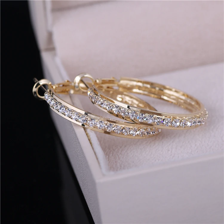 Classic Style Trendy Elegant Gold Color Big Hoop Crystal Earrings Full