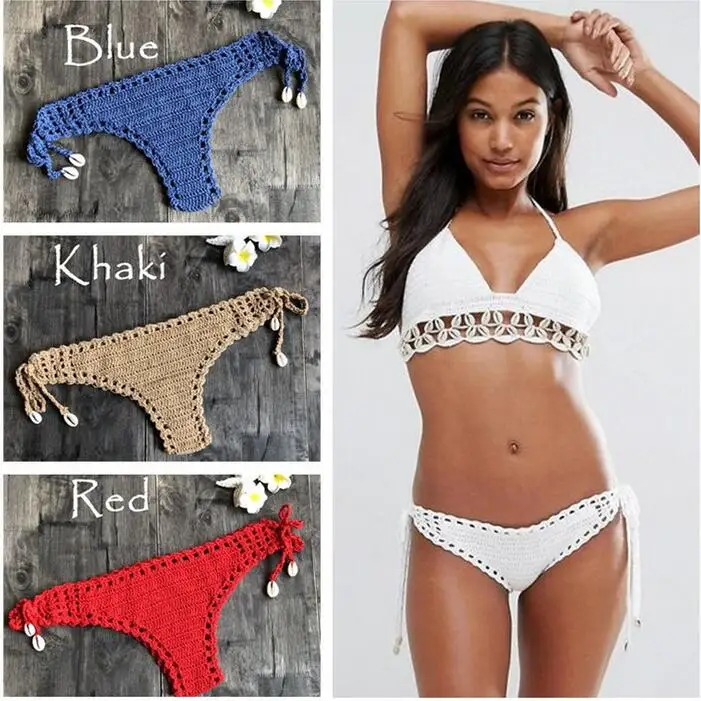 

Women Unique Sexy Handmade Crochet Swimwear Bikini Bottom Hollow-out Low Waist Bathing Suit Triangle Briefs Swim knicker