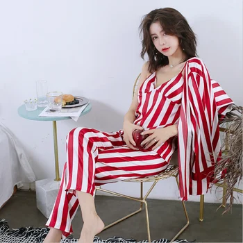 

Women's 3 Pieces Pajama Sets 2019 Summer Silk Satin Sleepwear Sets Sexy Red Striped Pyjamas Ladies Nightie Home Clothes