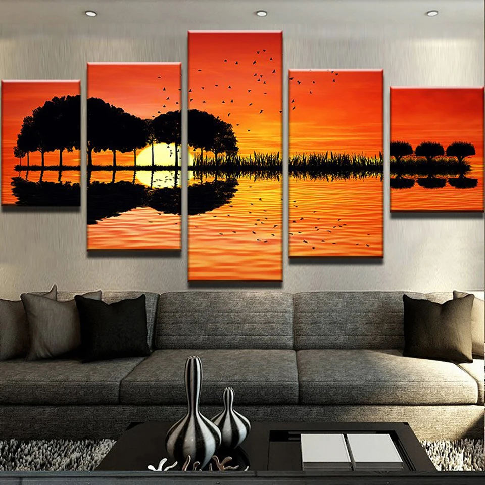 

Posters Frame Living Room HD Printed Painting 5 Pieces/Pcs Guitar Island Sea Sunset Scenery Modern Wall Art Pictures Home Decor