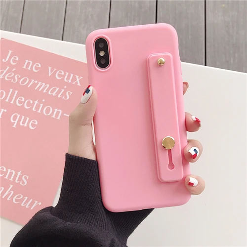 Simple Matte Candy Wrist Strap Hand Band silicone case for iPhone 6 6s 7 8 Plus X Xr Xs Max Back Phone Stand Ring Protect Cover - Цвет: Pink