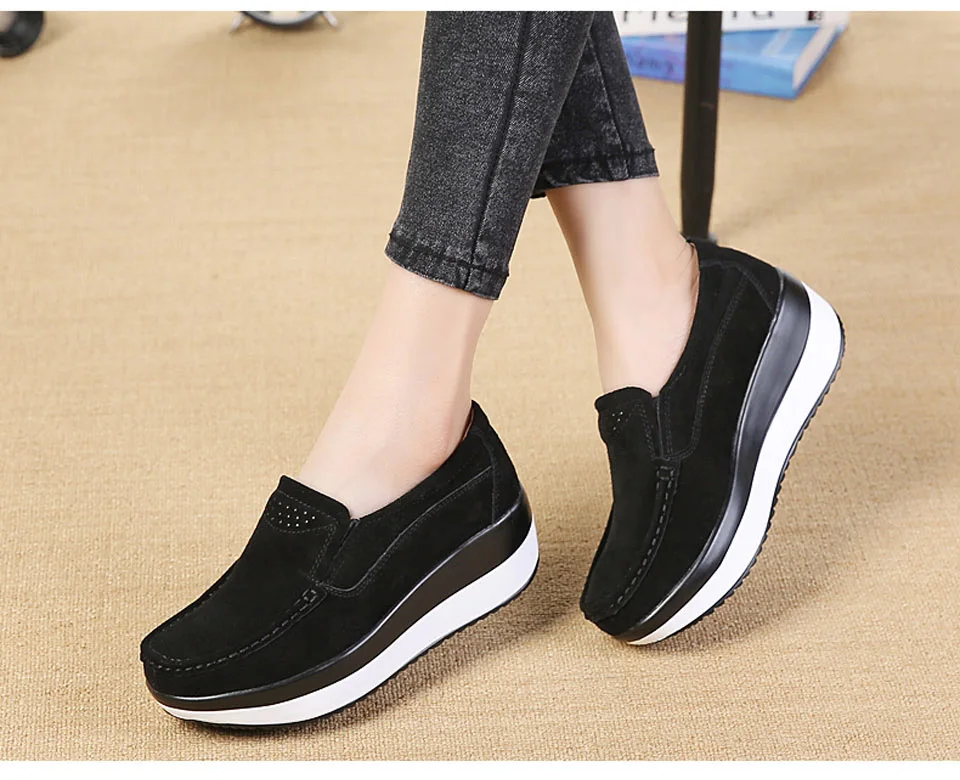 QWEDF Women Flats Platform Loafers Ladies Elegant Genuine Leather Moccasins Shoes Woman Slip On Casual Women's Shoes DC-101