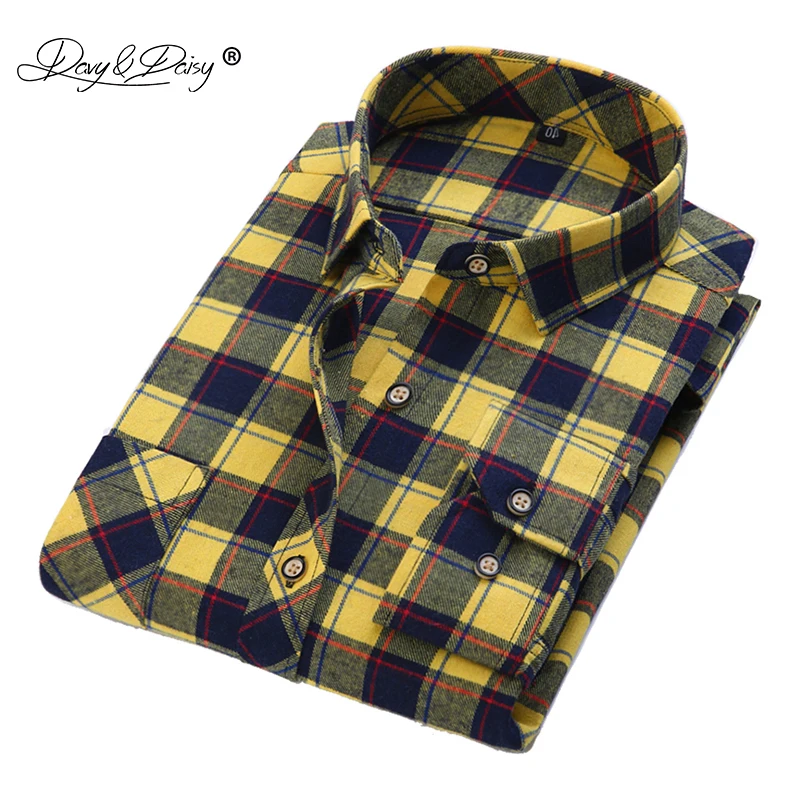 

DAVYDAISY Men Shirt High Quality Turn Down Collar Long Sleeved Fashion Flannel Plaid Brand Clothing Casual Shirt Man DS045