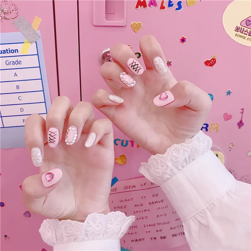 

24pcs Cute Pink False Nails Full Cover Artificial Love Heart Design Fake Nails Press On Square Nail Art Tips for Girlfriend Gift
