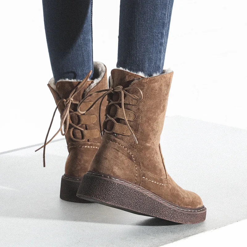 

Jookrrix 2018 Winter New Western Style Fashion Boots Flock Shoes Women Thick Sole Lady Warm Shoe Cross-tied Black Good Quality
