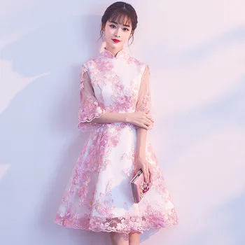 

Pink Mini Qipao Lace Embroidery Chinese Tradition Wedding Cheongsam Modern Robe Chinoise Qi Pao Vintage Oriental Dresses S-XXXL