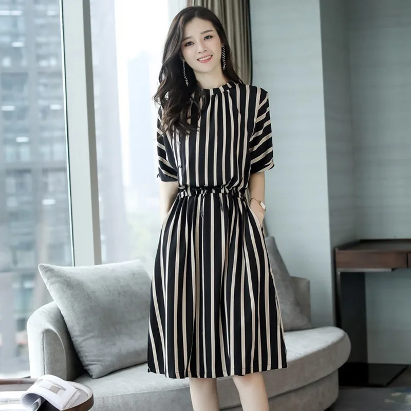 Women Summer Striped Dress Half Sleeves Slim Fit Round Neck Elastic ...