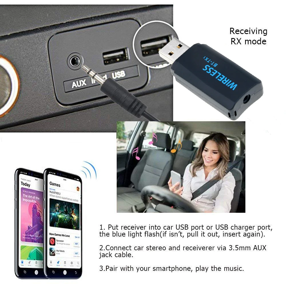 Bluetooth 4.2 car kit Transmitter Stereo Audio Wireless USB Adapter For
