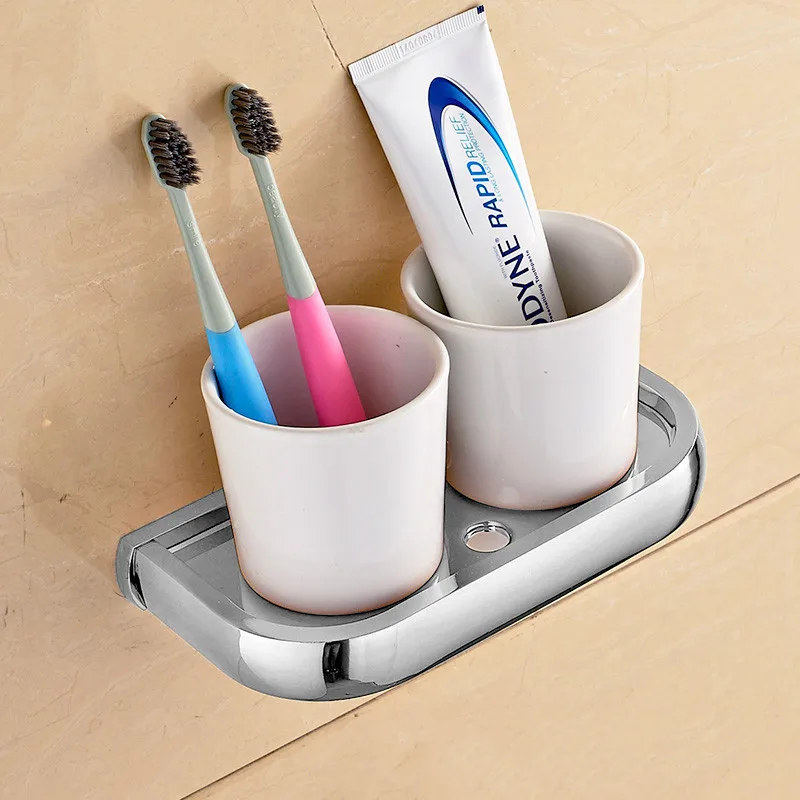 Cup & Tumbler Holders Solid Brass 5 Colors Toothbrush Holder With Double Ceramic Cups Wall-mounted Bathroom Accessories F81368